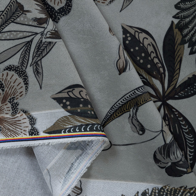 Olive Green and Mocha Brown Colour Floral and Leaves Pattern Velvet Curtain Fabric printed