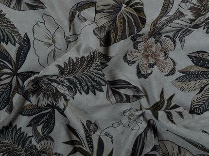 Olive Green and Mocha Brown Colour Floral and Leaves Pattern Velvet Curtain Fabric printed