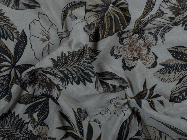 Olive Green and Mocha Brown Colour Floral and Leaves Pattern Velvet Curtain Fabric printed