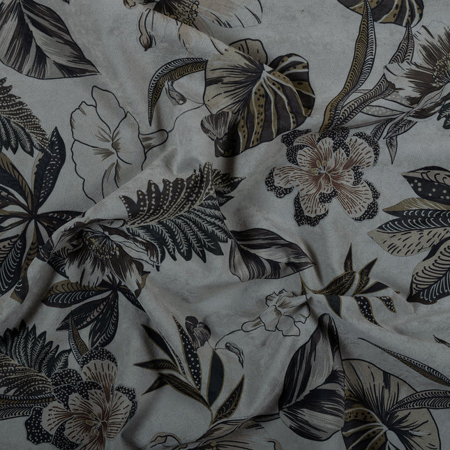 Olive Green and Mocha Brown Colour Floral and Leaves Pattern Velvet Curtain Fabric printed