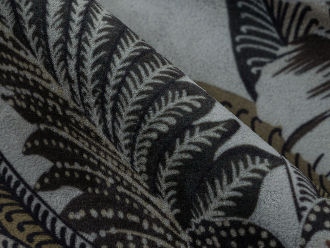 Olive Green and Mocha Brown Colour Floral and Leaves Pattern Velvet Curtain Fabric printed