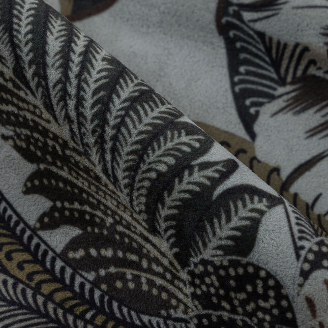 Olive Green and Mocha Brown Colour Floral and Leaves Pattern Velvet Curtain Fabric printed