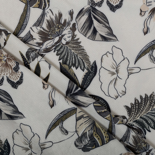 Olive Green and Warm Beige Colour Floral and Leaves Pattern Velvet Curtain Fabric printed