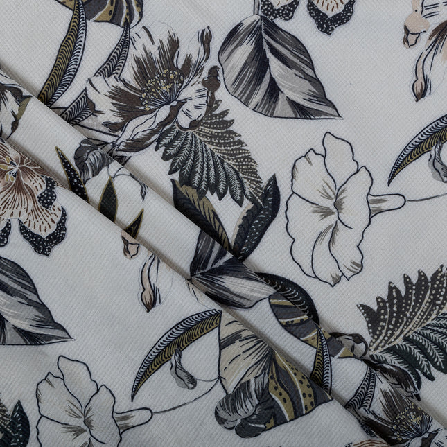 Olive Green and Warm Beige Colour Floral and Leaves Pattern Velvet Readymade Curtain