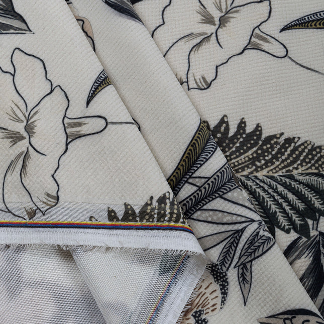 Olive Green and Warm Beige Colour Floral and Leaves Pattern Velvet Curtain Fabric printed