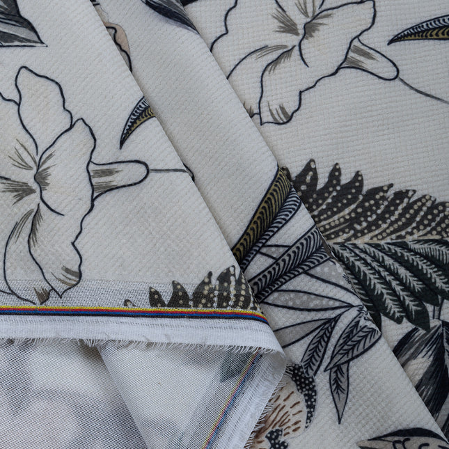 Olive Green and Warm Beige Colour Floral and Leaves Pattern Velvet Readymade Curtain