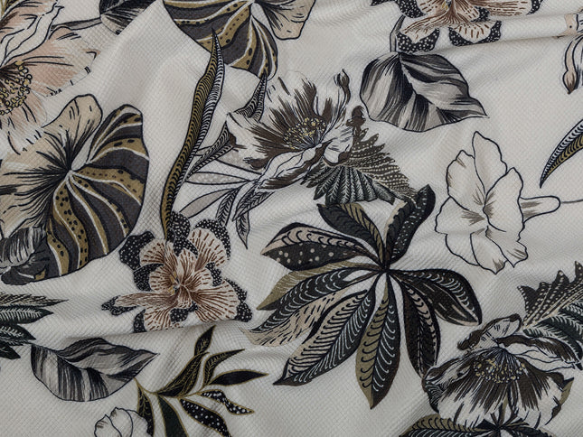 Olive Green and Warm Beige Colour Floral and Leaves Pattern Velvet Curtain Fabric printed