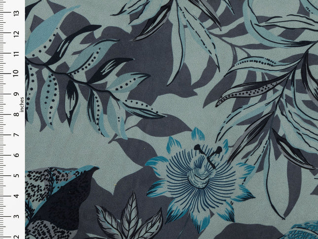 Blue and Grey Colour Floral and Leaves Pattern Velvet Curtain Fabric printed