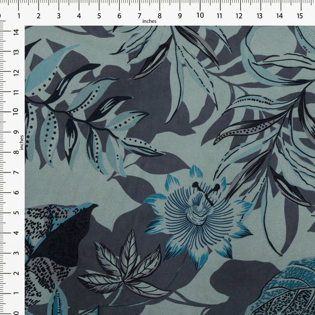 Blue and Grey Colour Floral and Leaves Pattern Velvet Curtain Fabric printed