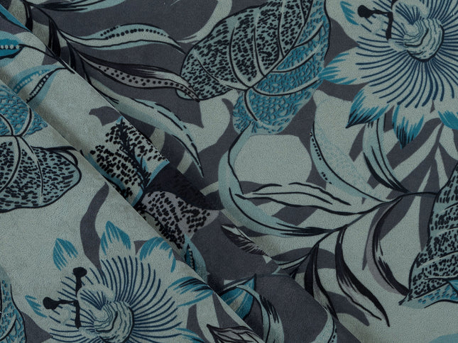 Blue and Grey Colour Floral and Leaves Pattern Velvet Curtain Fabric printed