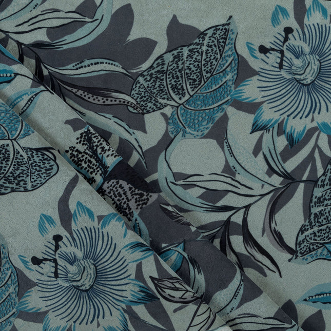 Blue and Grey Colour Floral and Leaves Pattern Velvet Curtain Fabric printed