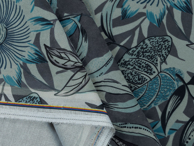 Blue and Grey Colour Floral and Leaves Pattern Velvet Curtain Fabric printed