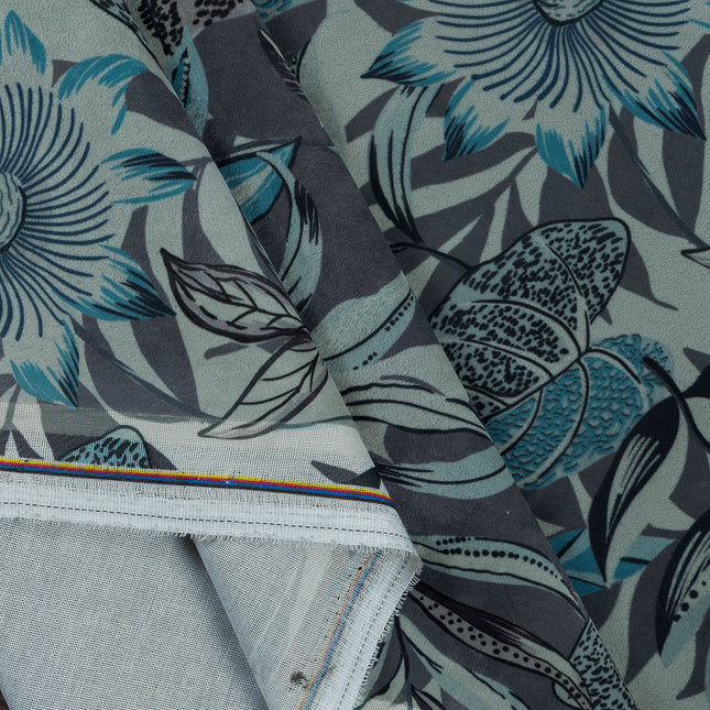 Blue and Grey Colour Floral and Leaves Pattern Velvet Curtain Fabric printed