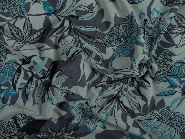 Blue and Grey Colour Floral and Leaves Pattern Velvet Curtain Fabric printed