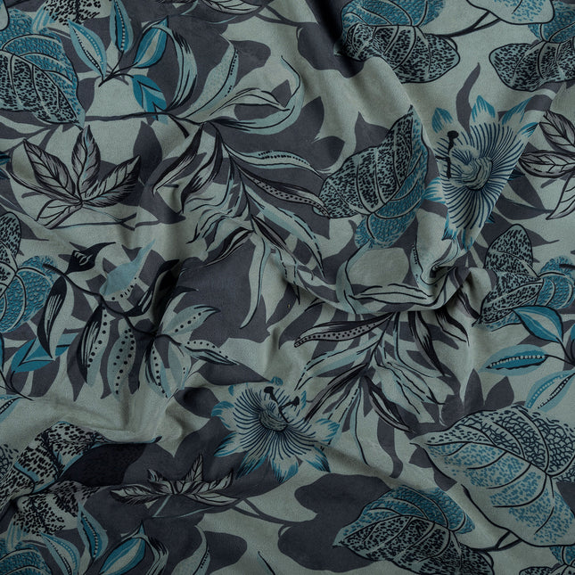 Blue and Grey Colour Floral and Leaves Pattern Velvet Curtain Fabric printed