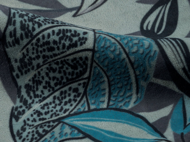Blue and Grey Colour Floral and Leaves Pattern Velvet Curtain Fabric printed