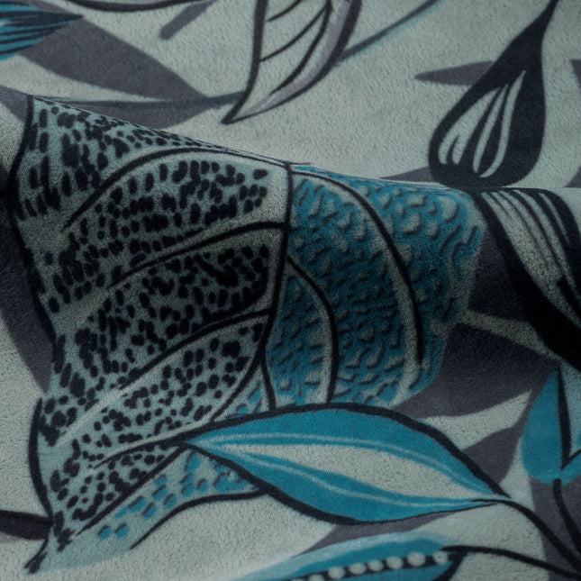Blue and Grey Colour Floral and Leaves Pattern Velvet Curtain Fabric printed