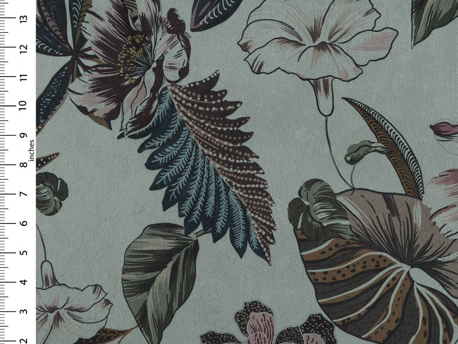 Dusty Rose and Forest Green Colour Floral and Leaves Pattern Velvet Curtain Fabric printed