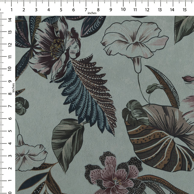 Dusty Rose and Forest Green Colour Floral and Leaves Pattern Velvet Curtain Fabric printed
