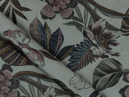 Dusty Rose and Forest Green Colour Floral and Leaves Pattern Velvet Curtain Fabric printed