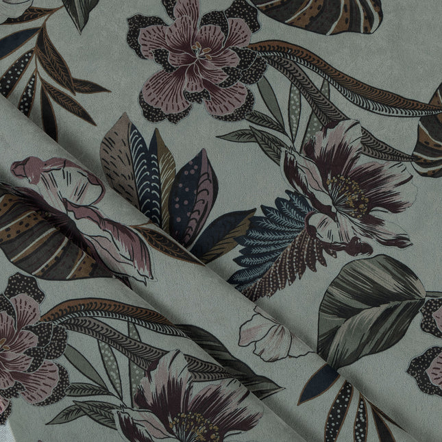 Dusty Rose and Forest Green Colour Floral and Leaves Pattern Velvet Curtain Fabric printed