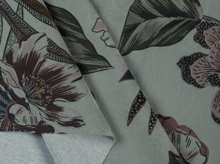 Dusty Rose and Forest Green Colour Floral and Leaves Pattern Velvet Curtain Fabric printed