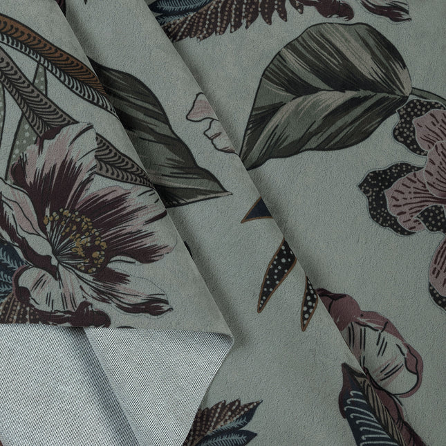 Dusty Rose and Forest Green Colour Floral and Leaves Pattern Velvet Curtain Fabric printed