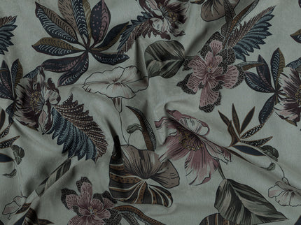 Dusty Rose and Forest Green Colour Floral and Leaves Pattern Velvet Curtain Fabric printed