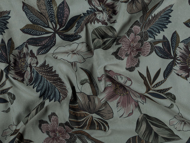 Dusty Rose and Forest Green Colour Floral and Leaves Pattern Velvet Curtain Fabric printed