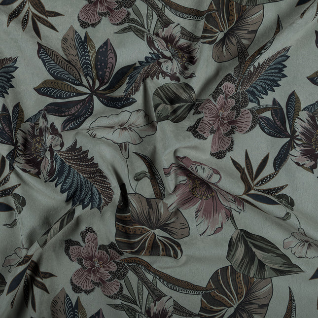 Dusty Rose and Forest Green Colour Floral and Leaves Pattern Velvet Curtain Fabric printed