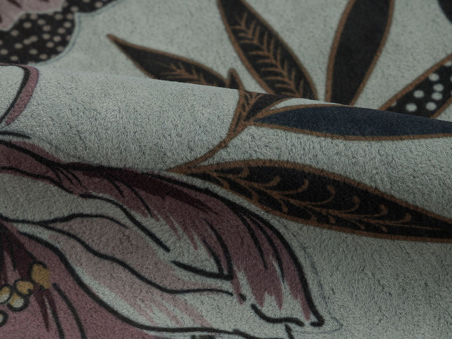 Dusty Rose and Forest Green Colour Floral and Leaves Pattern Velvet Curtain Fabric printed