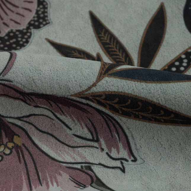 Dusty Rose and Forest Green Colour Floral and Leaves Pattern Velvet Curtain Fabric printed