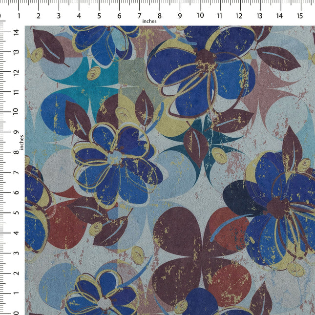 Brown and Blue Colour Floral and Leaves Pattern Velvet Curtain Fabric printed