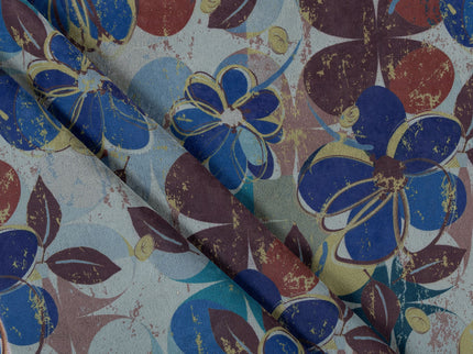 Brown and Blue Colour Floral and Leaves Pattern Velvet Curtain Fabric printed