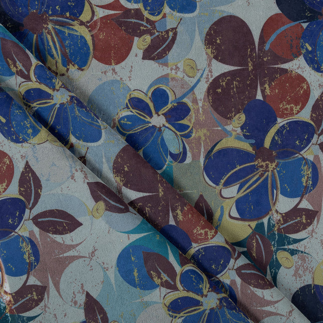 Brown and Blue Colour Floral and Leaves Pattern Velvet Curtain Fabric printed