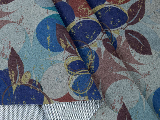 Brown and Blue Colour Floral and Leaves Pattern Velvet Curtain Fabric printed