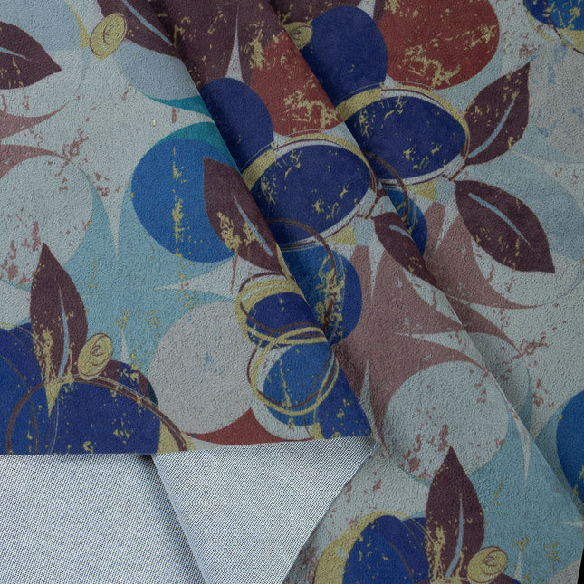 Brown and Blue Colour Floral and Leaves Pattern Velvet Curtain Fabric printed