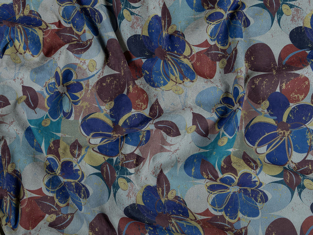 Brown and Blue Colour Floral and Leaves Pattern Velvet Curtain Fabric printed