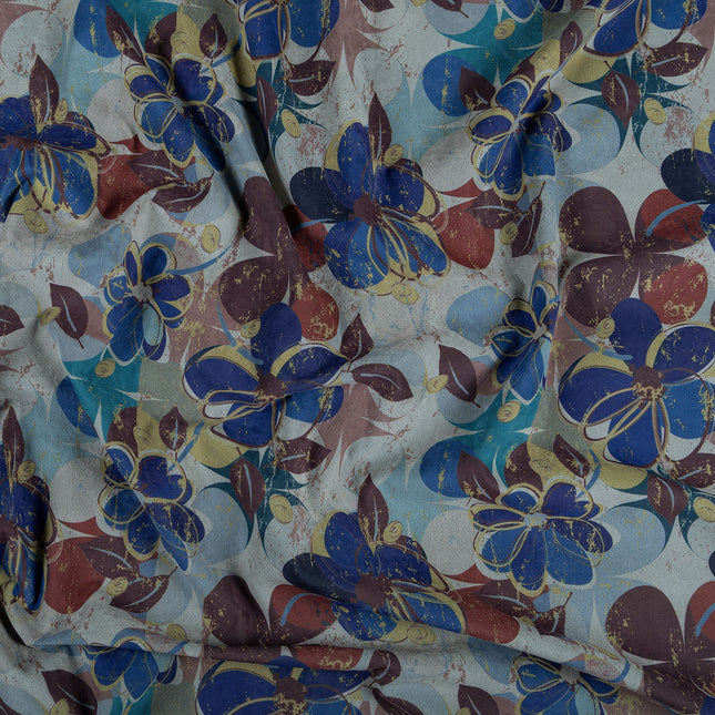 Brown and Blue Colour Floral and Leaves Pattern Velvet Curtain Fabric printed