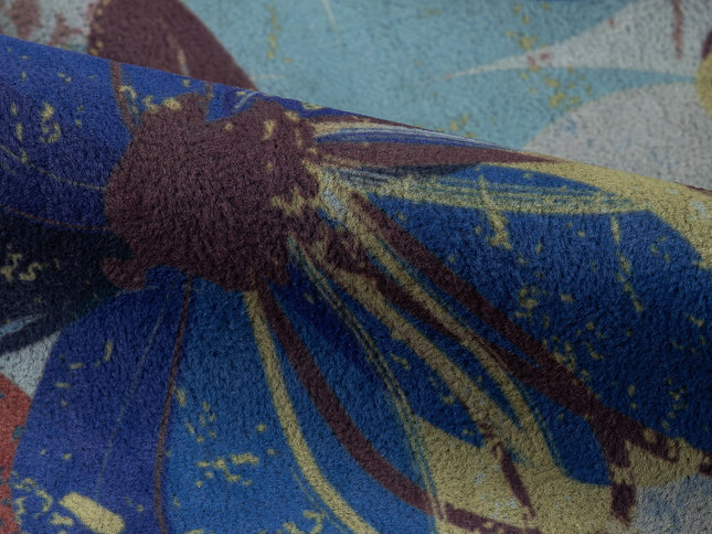 Brown and Blue Colour Floral and Leaves Pattern Velvet Curtain Fabric printed