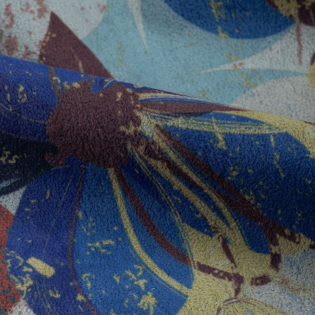 Brown and Blue Colour Floral and Leaves Pattern Velvet Curtain Fabric printed