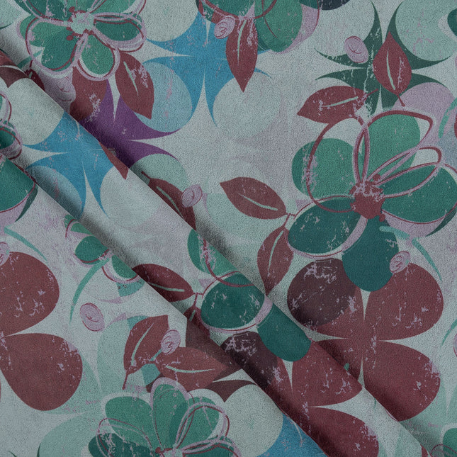 Maroon and Green Colour Floral and Leaves Pattern Velvet Curtain Fabric printed