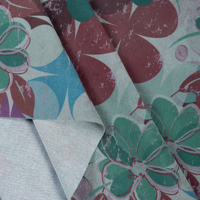 Maroon and Green Colour Floral and Leaves Pattern Velvet Curtain Fabric printed