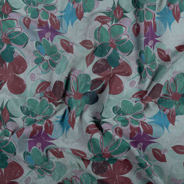 Maroon and Green Colour Floral and Leaves Pattern Velvet Curtain Fabric printed