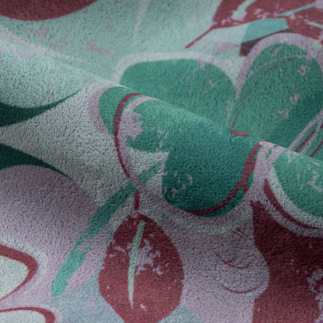 Maroon and Green Colour Floral and Leaves Pattern Velvet Curtain Fabric printed