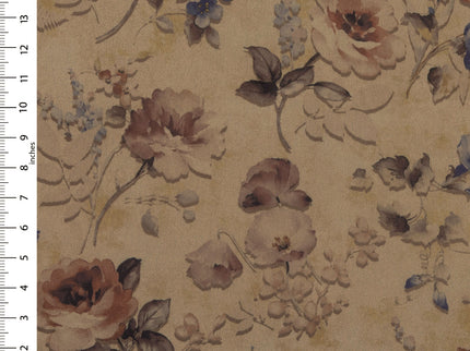 Dusty Rose and Brown Colour Floral and Leaves Pattern Velvet Curtain Fabric printed