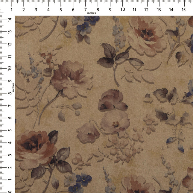 Dusty Rose and Brown Colour Floral and Leaves Pattern Velvet Curtain Fabric printed