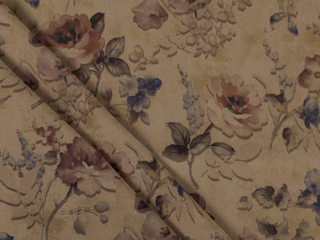 Dusty Rose and Brown Colour Floral and Leaves Pattern Velvet Curtain Fabric printed