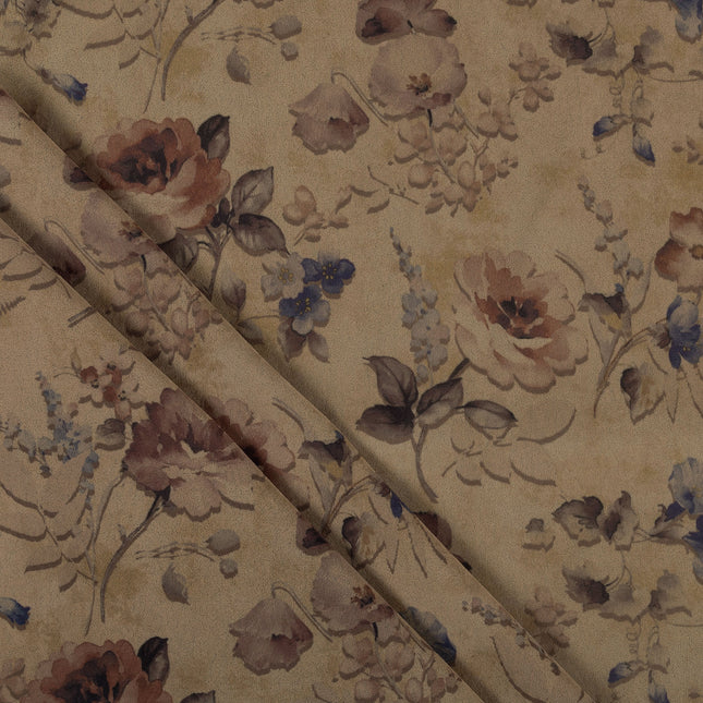 Dusty Rose and Brown Colour Floral and Leaves Pattern Velvet Curtain Fabric printed