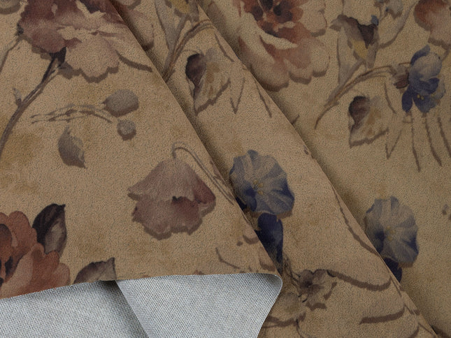 Dusty Rose and Brown Colour Floral and Leaves Pattern Velvet Curtain Fabric printed